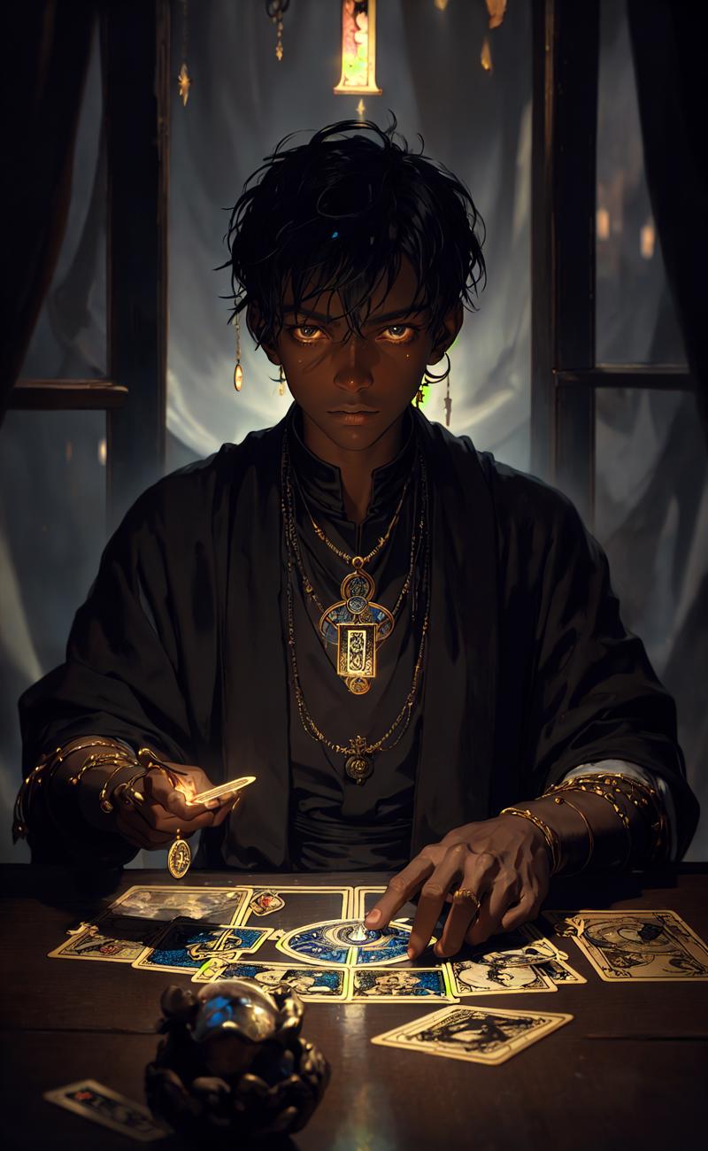 25746-3525311718-impressionism painting, realistic, 1boy, fortune teller, tarot cards at a table, looking at viewer, dark skin, mystical, magical.png